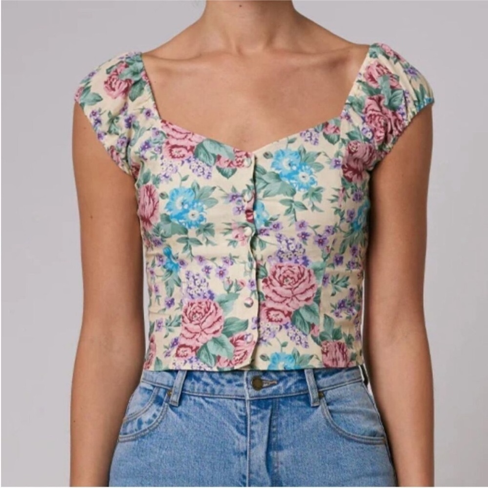 Rolla’s Emmy Rosette Top Blouse Floral Print Square Neck Crop Size L/12